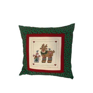 Handmade Cross Stitch Reindeer Christmas Pillow With Red & Green Holly Design 12
